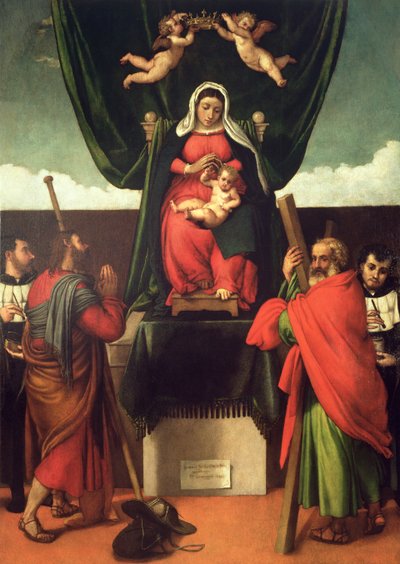 Madonna und Kind auf dem Thron mit vier Heiligen, 1546 von Lorenzo Lotto